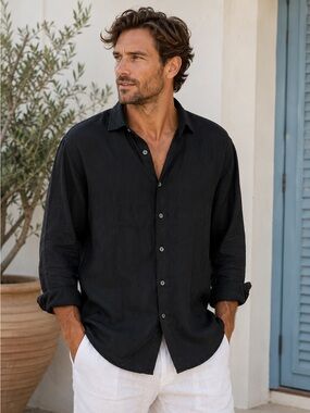 Les Canebiers Saint Tropez France Black Linen Button Front Shirt Men's 3XL